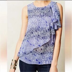 Anthropologie HD in Paris Purple Blue Sleeveless Paisley Ruffle Top boho Size 6